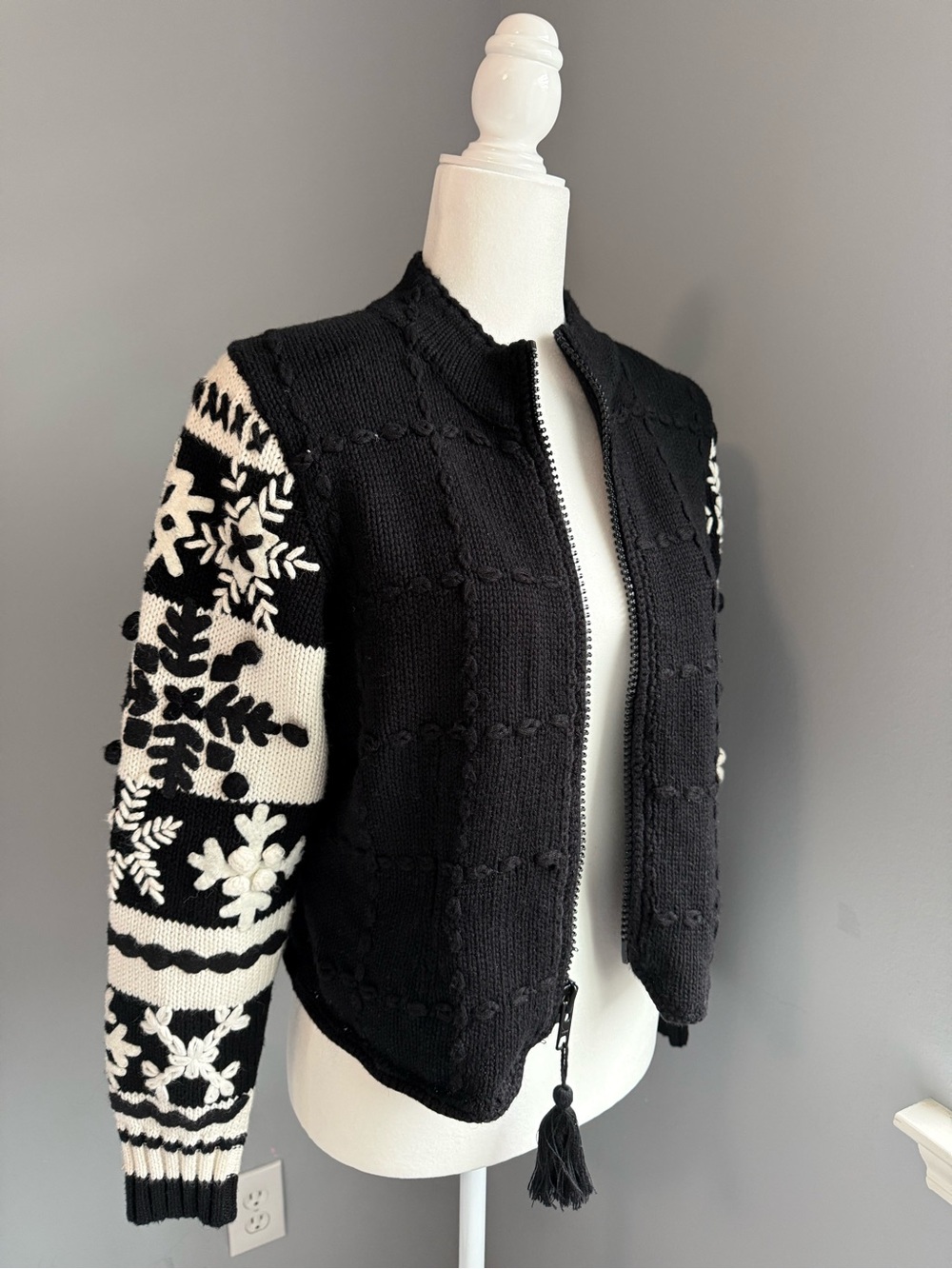 Michael Simon Black White Winter Snowflake Knit Zip Sweater Jacket Vintage Rare